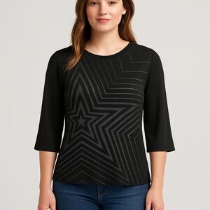D) A. Byer Black Glitter Star Print 3/4 Sleeve Top Women’s Size M